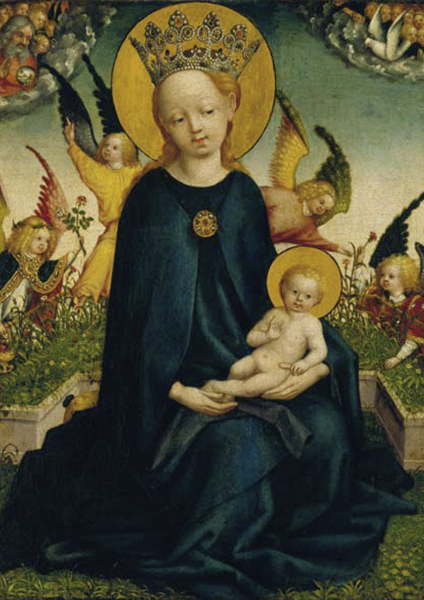 Kunst-Postkarte - Maria mit dem Jesuskind vor der Rasenbank