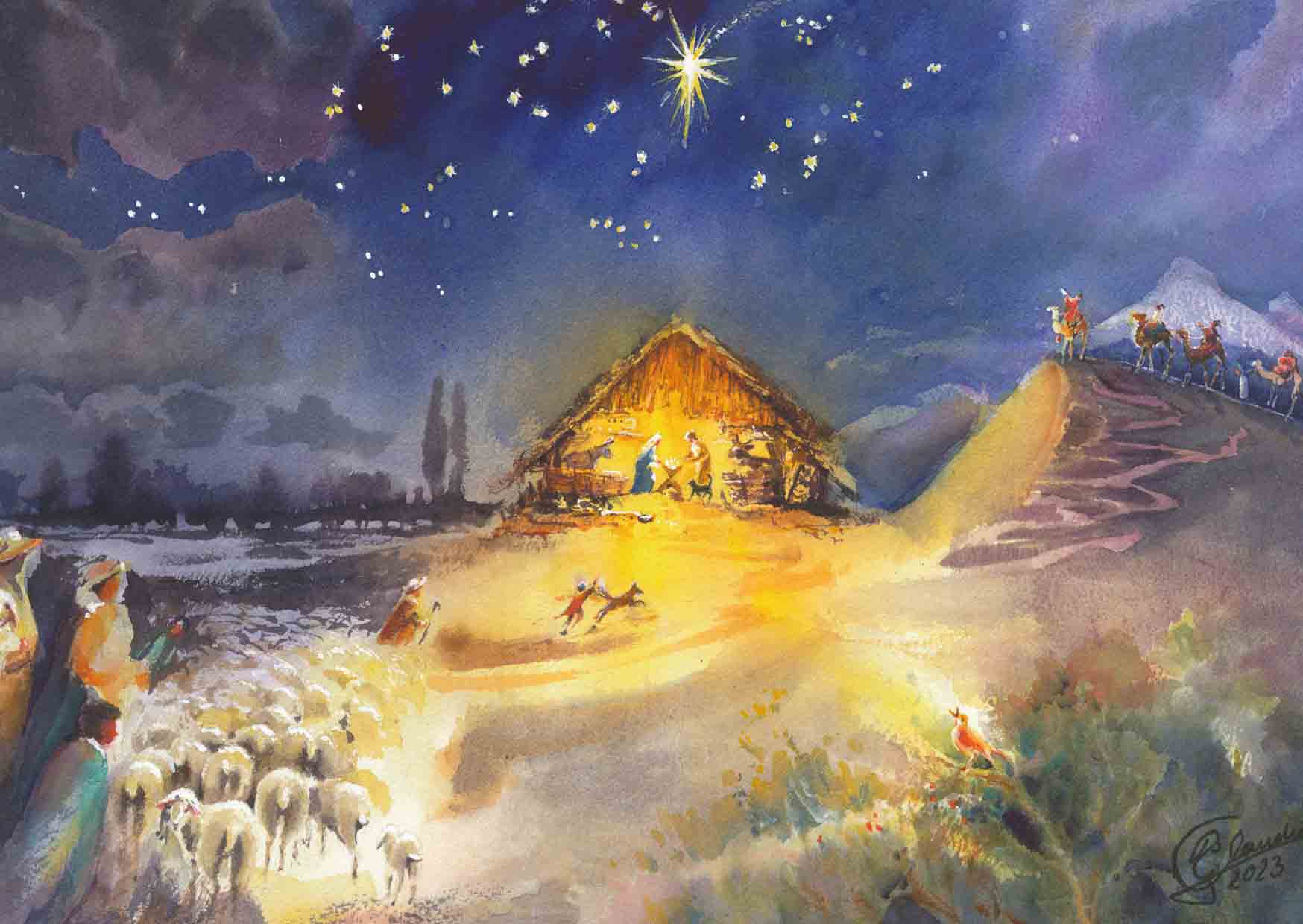 Kunst-Postkarte - Licht bricht ein in tiefer Nacht