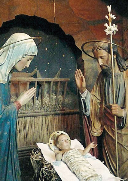 Kunst-Postkarte - Das strahlende Kind in der Krippe