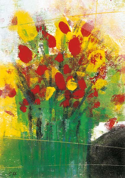 Kunst-Postkarte - Bunter Strauß in grüner Vase